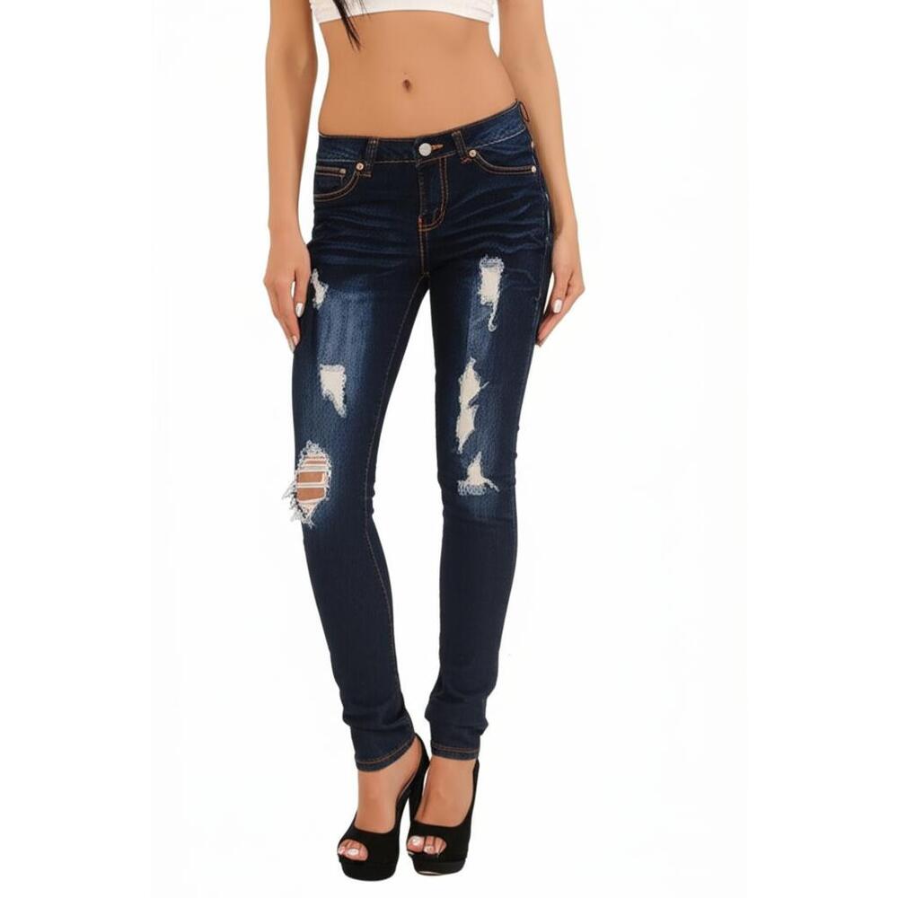VIP JEANS Skinny Jeans Womens Size‎ 1/2 Dark Blue Distressed Stretch Edgy Casual